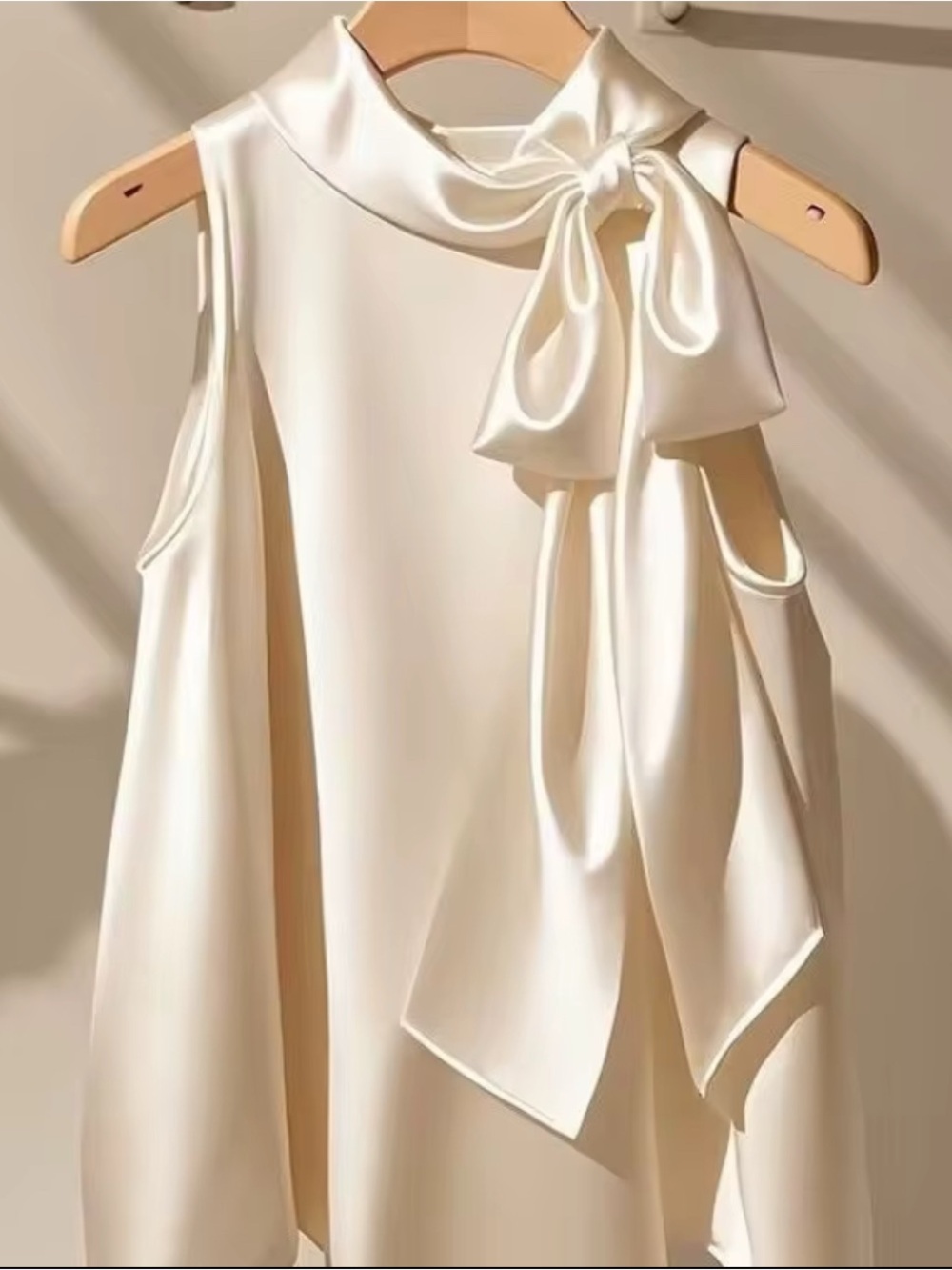 Women's Cream Sleeveless Bow-Neck Blouse